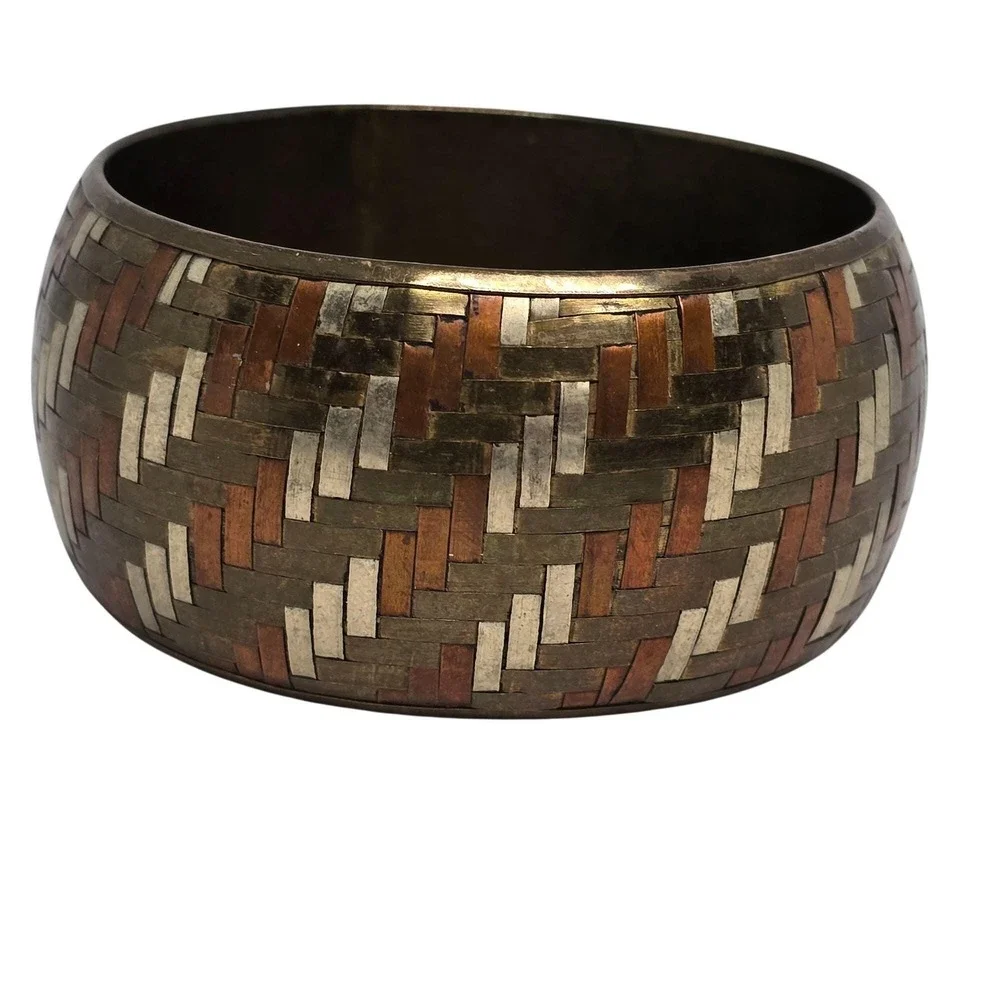 Vtg Mixed Metal Inlay Wide Bangle Bracelet Copper Brass Silver Tone Woven Patern